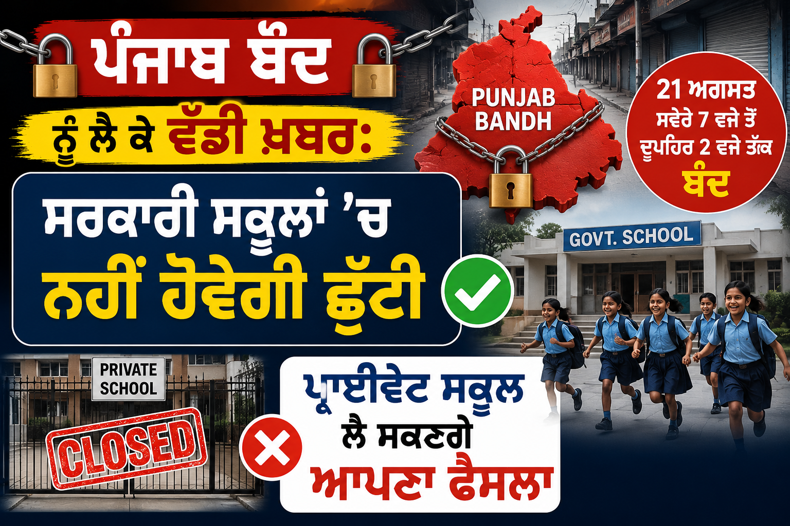 ਪੰਜਾਬ ਬੰਦ 21 ਅਗਸਤ: ਸਰਕਾਰੀ ਸਕੂਲ ਖੁੱਲ੍ਹੇ ਰਹਿਣਗੇ, ਪ੍ਰਾਈਵੇਟ ਸਕੂਲ ਲੈਣਗੇ ਫ਼ੈਸਲਾ