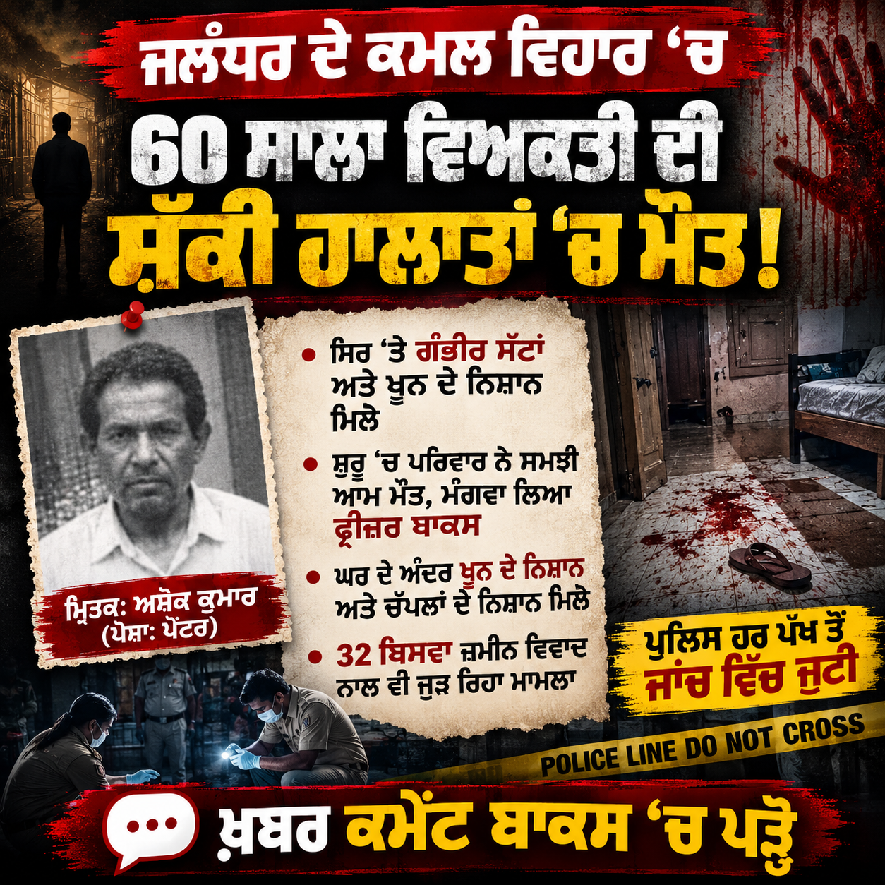 ਜਲੰਧਰ ਦੇ ਕਮਲ ਵਿਹਾਰ ਵਿੱਚ 60 ਸਾਲਾ ਵਿਅਕਤੀ ਦੀ ਸ਼ੱਕੀ ਹਾਲਾਤਾਂ ਵਿੱਚ ਮੌਤ, ਕਤਲ ਦਾ ਸ਼ੱਕ